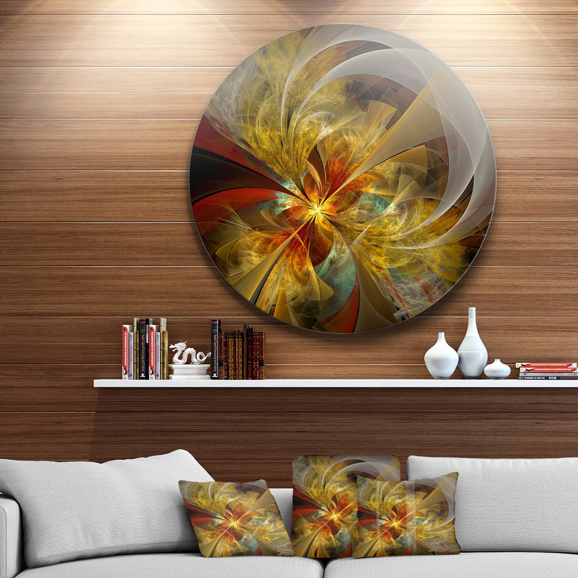 Designart - Bright Yellow Symmetrical Flower Design' Floral Metal Circle Wall Art